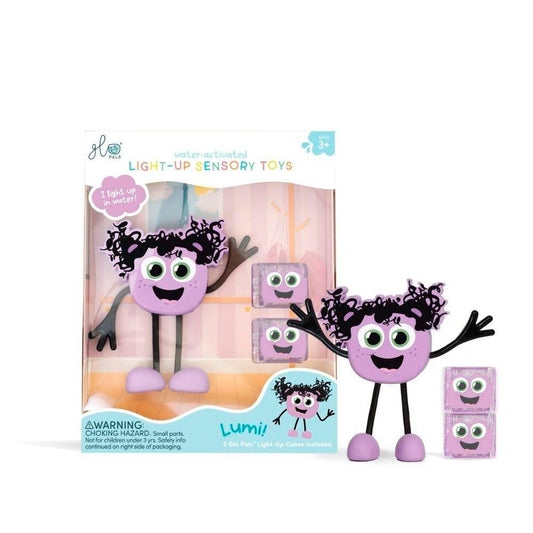 GloPals. Set personaje Lumi y 2 cubos lilas con luz.