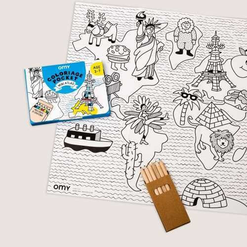 Pocket OMY Atlas para colorear + 6 lápices color